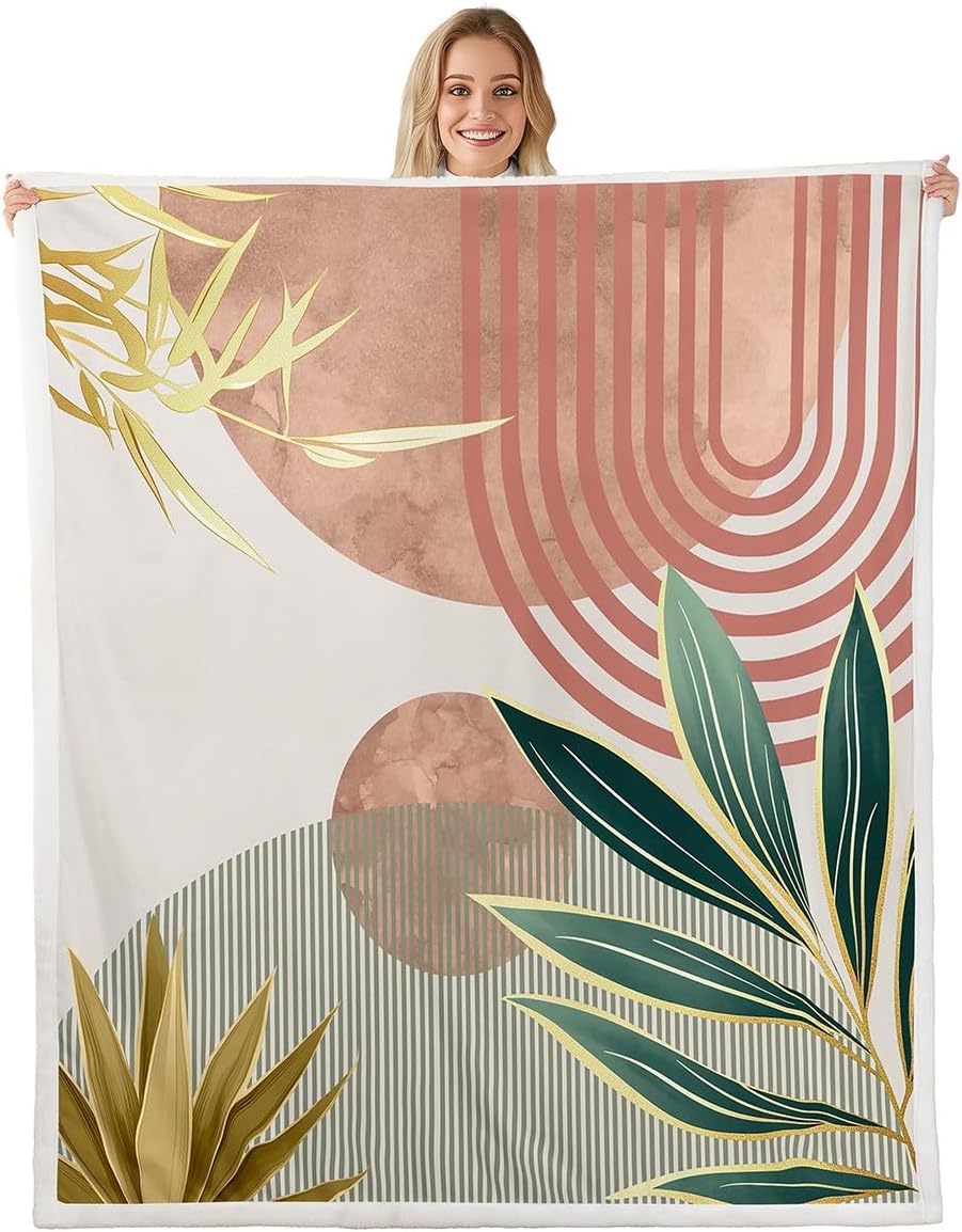 Erosebridal Mid Century Boho Throw Blanket Twin Size Abstract Retro Minimalist Blanket for Girls Women,Modern Bohemian Aesthetic Fleece Blanket Simple Bedroom Decor,Pink Green