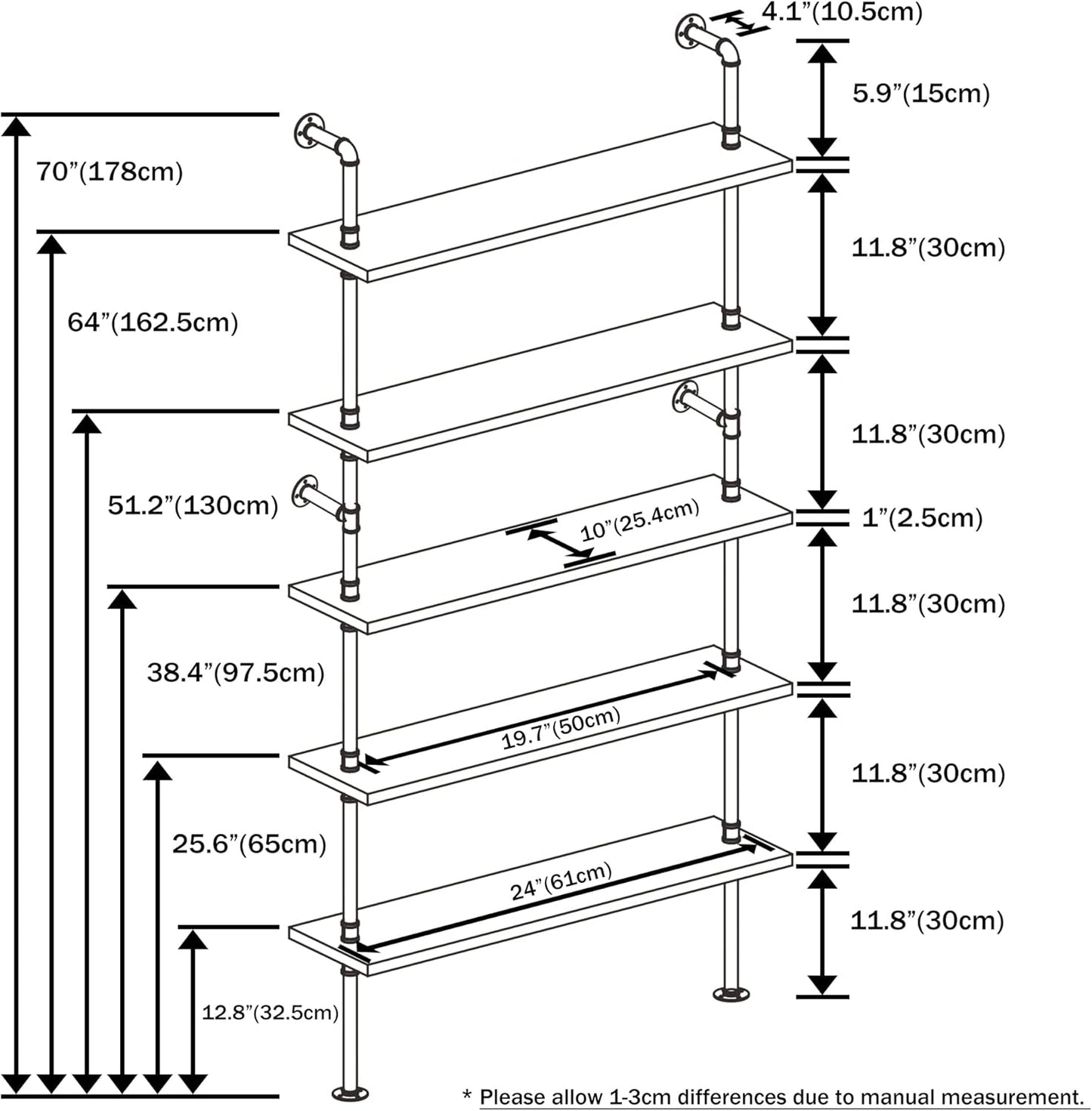 5 Tier Industrial Ladder Bookshelf, Wall Mounted Wood Metal Rustic Pipe Shelves (Weathered Brown, 5 Tier - 10" D x 24" W x 70" H)