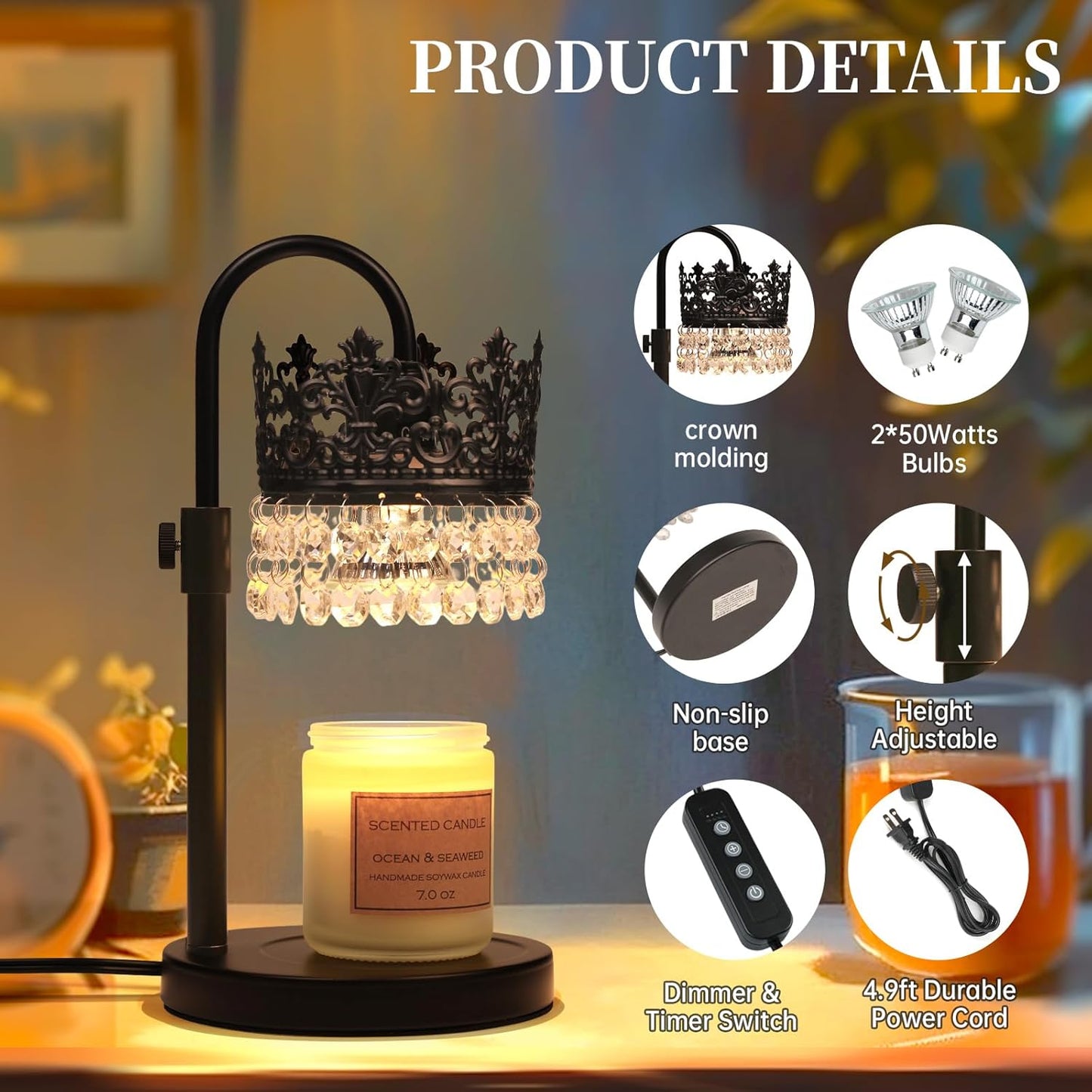 Candle Warmer Lamp with Timer Dimmer Adjustable Height with 2 Bulbs Crystal Candle Lamp Elegant Home Decor for Valentine's Day Gift Wax Melt Warmers for Women Birthday Gift (Black)