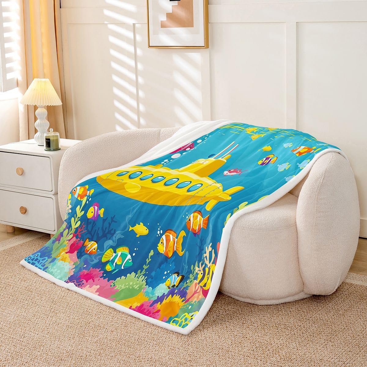 Feelyou Submarine Sherpa Blanket Cartoon Yellow Submarine Fleece Throw Blanket for Kids Boys Girls Underwater World Decor Cute Sealife for Sofa Bed Couch,Throw 50x60 Inches