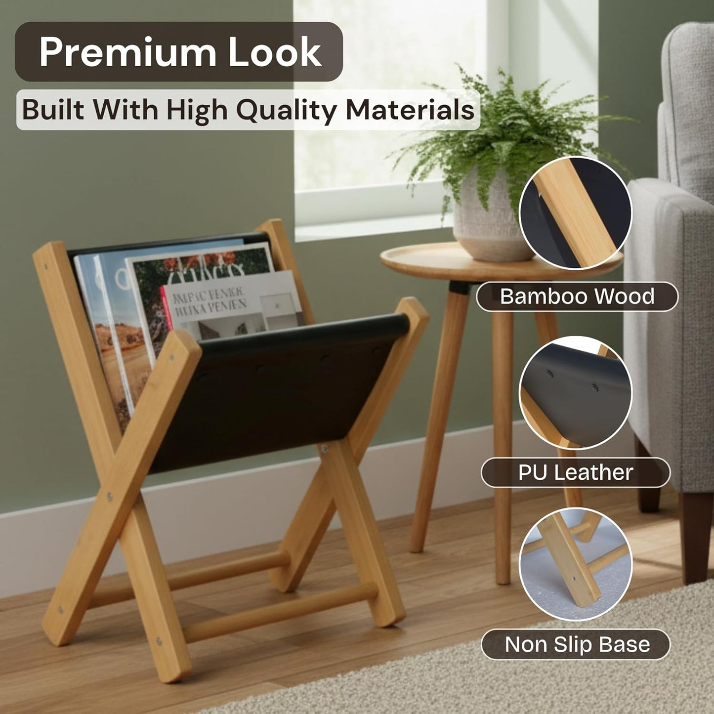 Premium Leather Magazine Holder - Wooden Magazine Rack Floor Standing - Brochure Holder and Book Display Stand - Modern Magazine File Holder & Newspaper Rack for Home, Bathroom, Office Decor