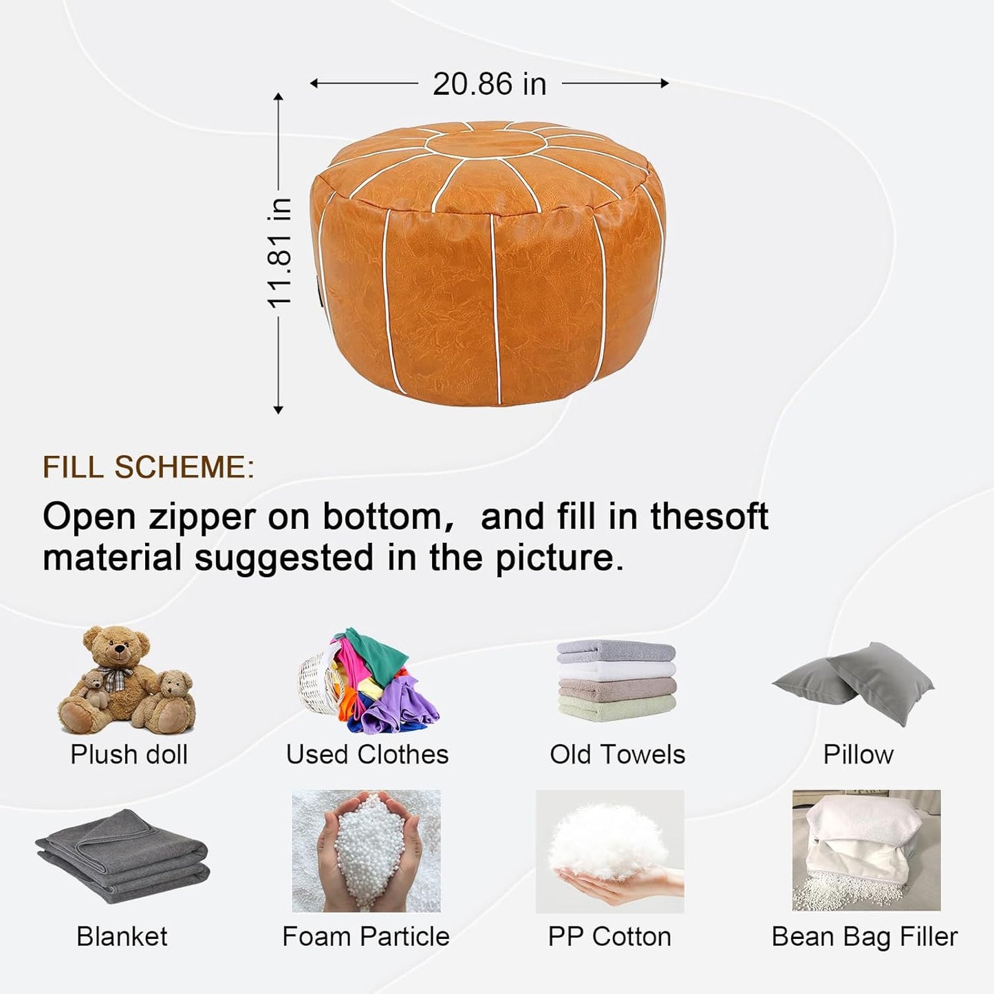 Louis Donné Pouf Ottoman Cover, Handmade Faux PU Leather Moroccan Style, Unstuffed Pouffe Ottomans,20.8" Round Foot Rest for Living Room,Floor Small Bean Bag Chair Gifts for Kids ONLY Cover(Orange)