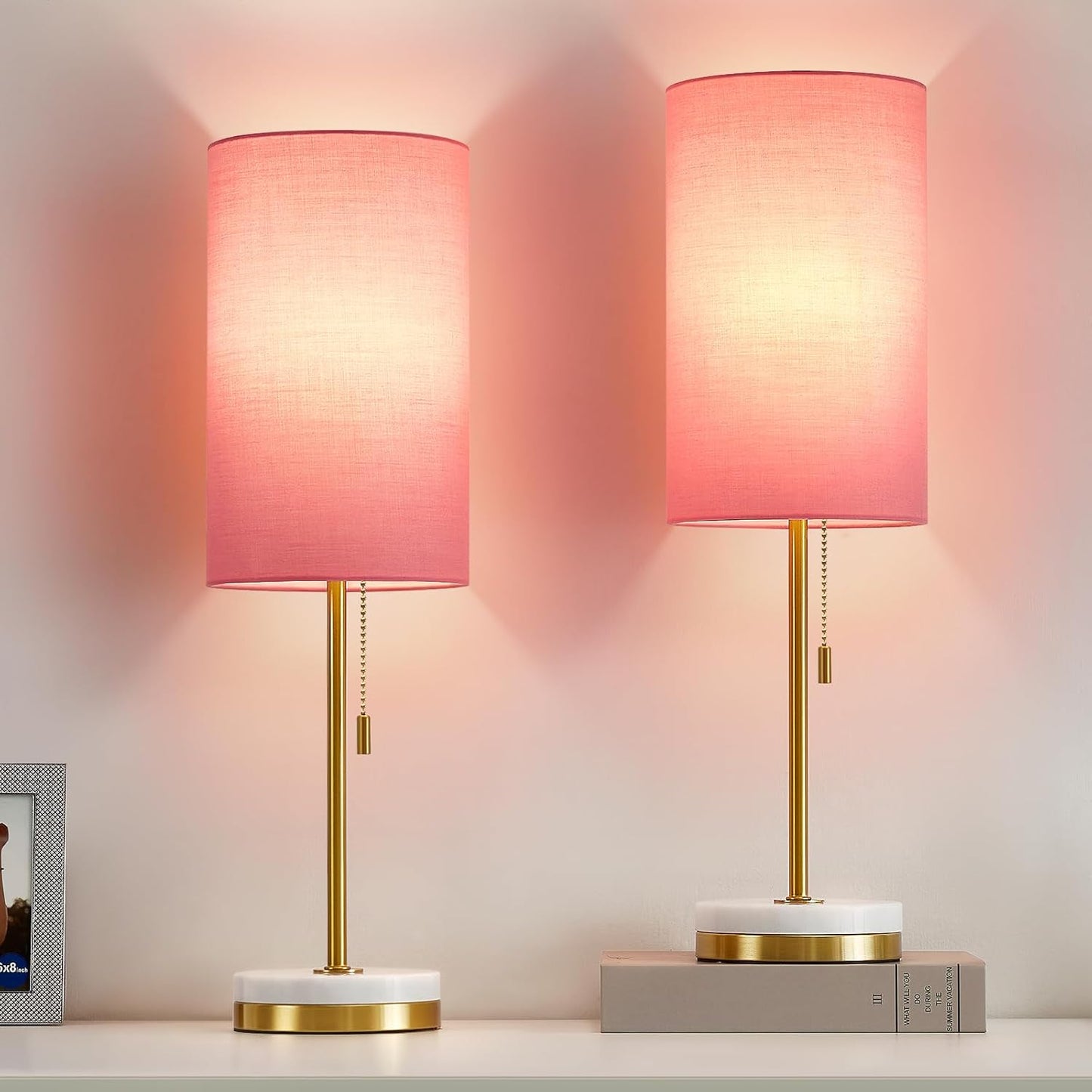 Luvkczc Minimalist Table Lamp Set of 2, Nightstand Lamp for Bedroom Living Room, Modern Pull Chain Bedside Lamp with Marble Base, Fabric Shade, Small Desk Lamp for Home, Office, Reading,Pink