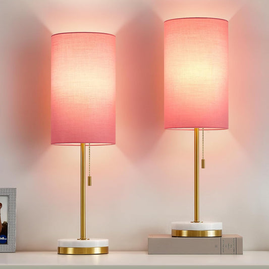 Luvkczc Minimalist Table Lamp Set of 2, Nightstand Lamp for Bedroom Living Room, Modern Pull Chain Bedside Lamp with Marble Base, Fabric Shade, Small Desk Lamp for Home, Office, Reading,Pink