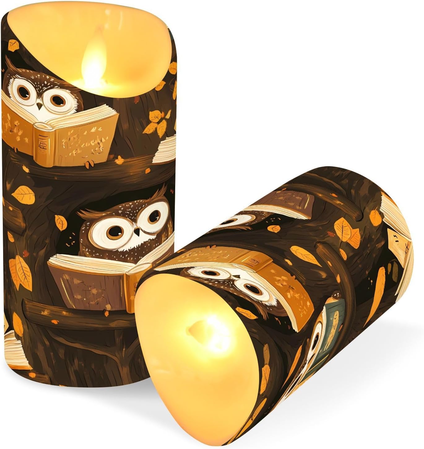 ALAZA Owl Reading Pattern Flameless Candles with Remote Timer,LED Flickering Battery Operated Electric Pillar Tea Light Candles for Wedding Table Christmas Decorations 3" x3.9"