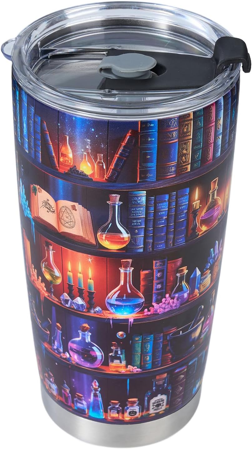 Book Lovers 20oz Stainless Steel Tumbler – Colorful Bookshelf Design Cup – Insulated Travel Mug with Lid – Gift for Readers, Fantasy Lovers, Halloween, Christmas