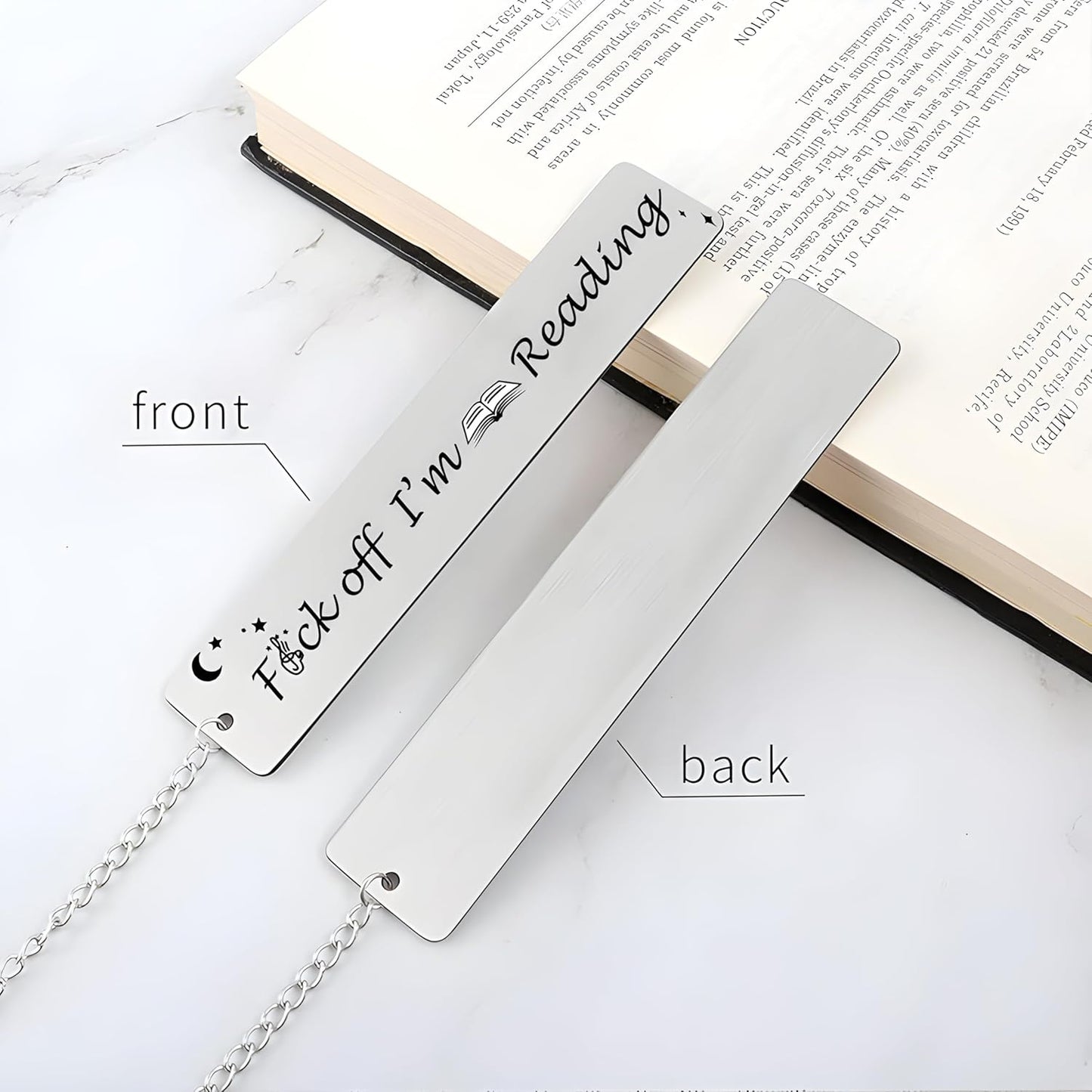 Metal Bookmark Gift, Engraved 'Fuck Off I'm Reading' Stainless Steel Leaf Pendant Book Mark, 1 Count, Silver
