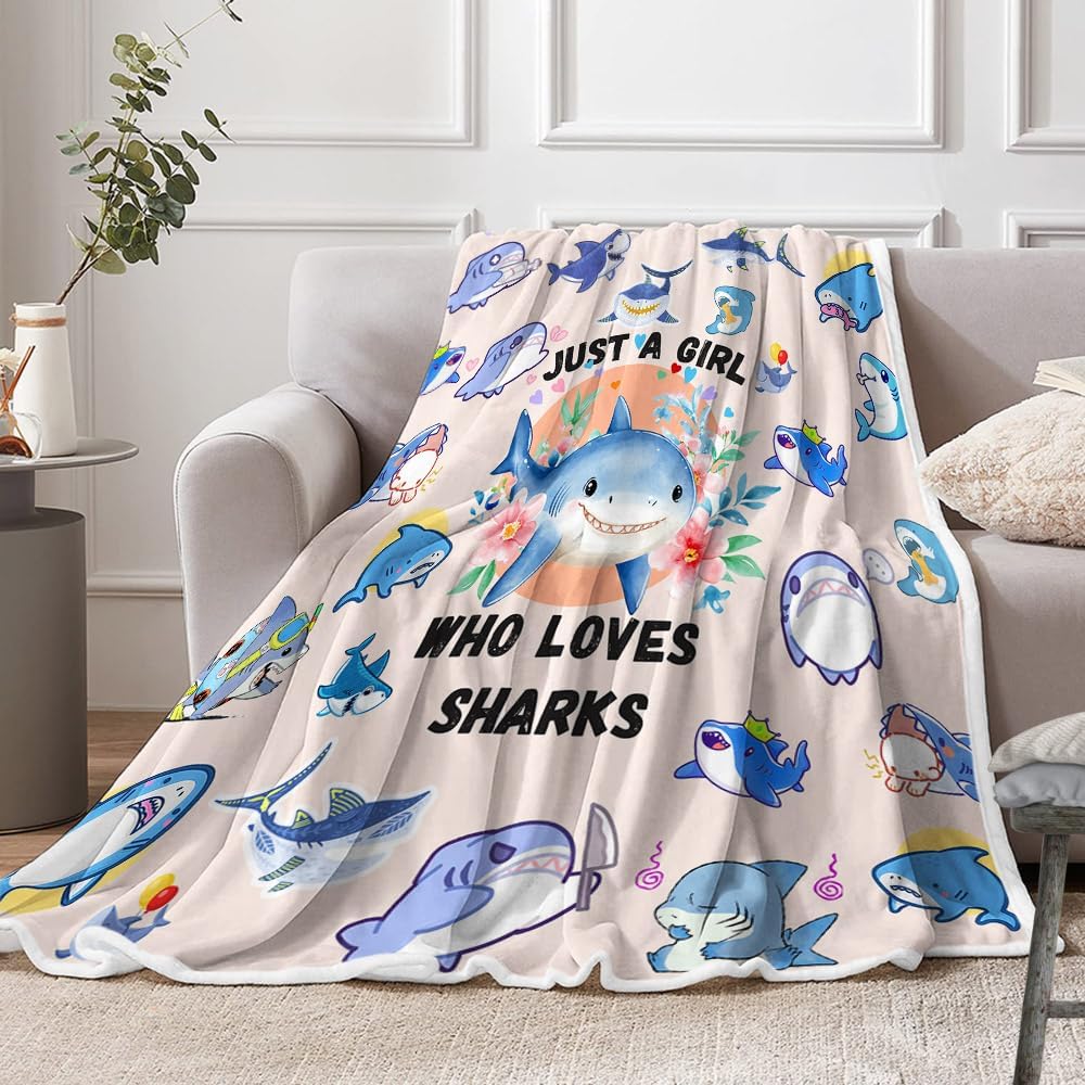 Shark Blanket for Kids Girls Women, Cute Light Pink Sharks Throws Blankets for Shark Lovers, Just a Girl Who Loves Sharks Soft Warm Flannel Blankets for Girls Room, Couch, Sofa Bed Decor, 50X60IN