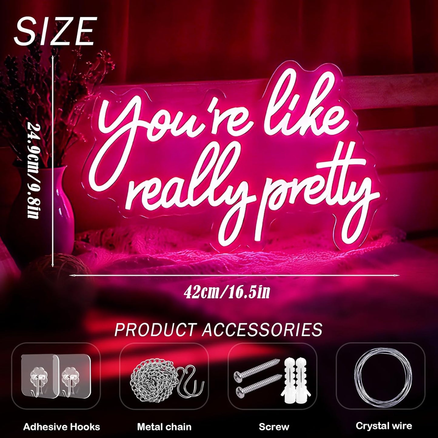 You're Like Really Pretty Neon Sign, Pink LED Neon Light for Wall Decor Dimmable Light up Sign for Girls Bedroom, Wedding, Party, Salon, Women Room Decor Gift