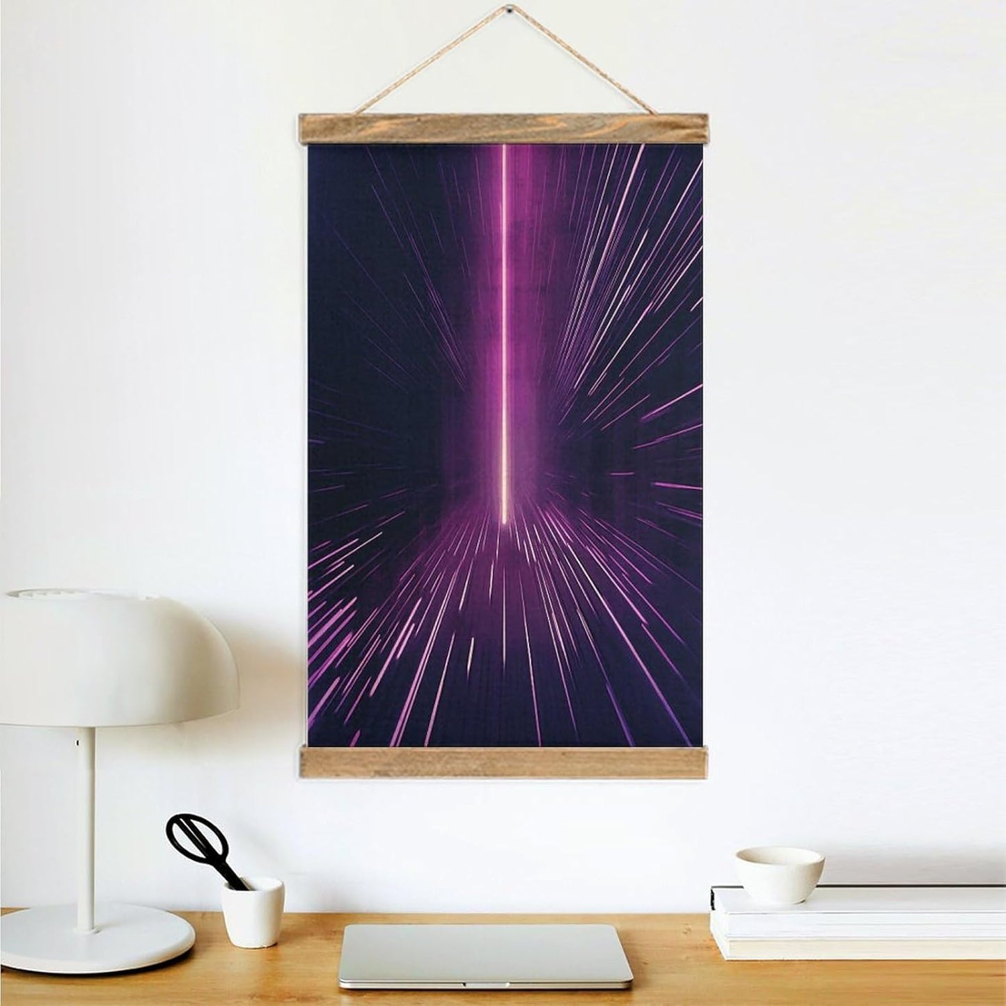 Vintage Purple Rays Poster with Wooden Frame Personalized Linen Hanging Scroll Painting Rustic Wall Hanging Illustrative Modern Artwork Decor for Home Living Room Bedroom Office