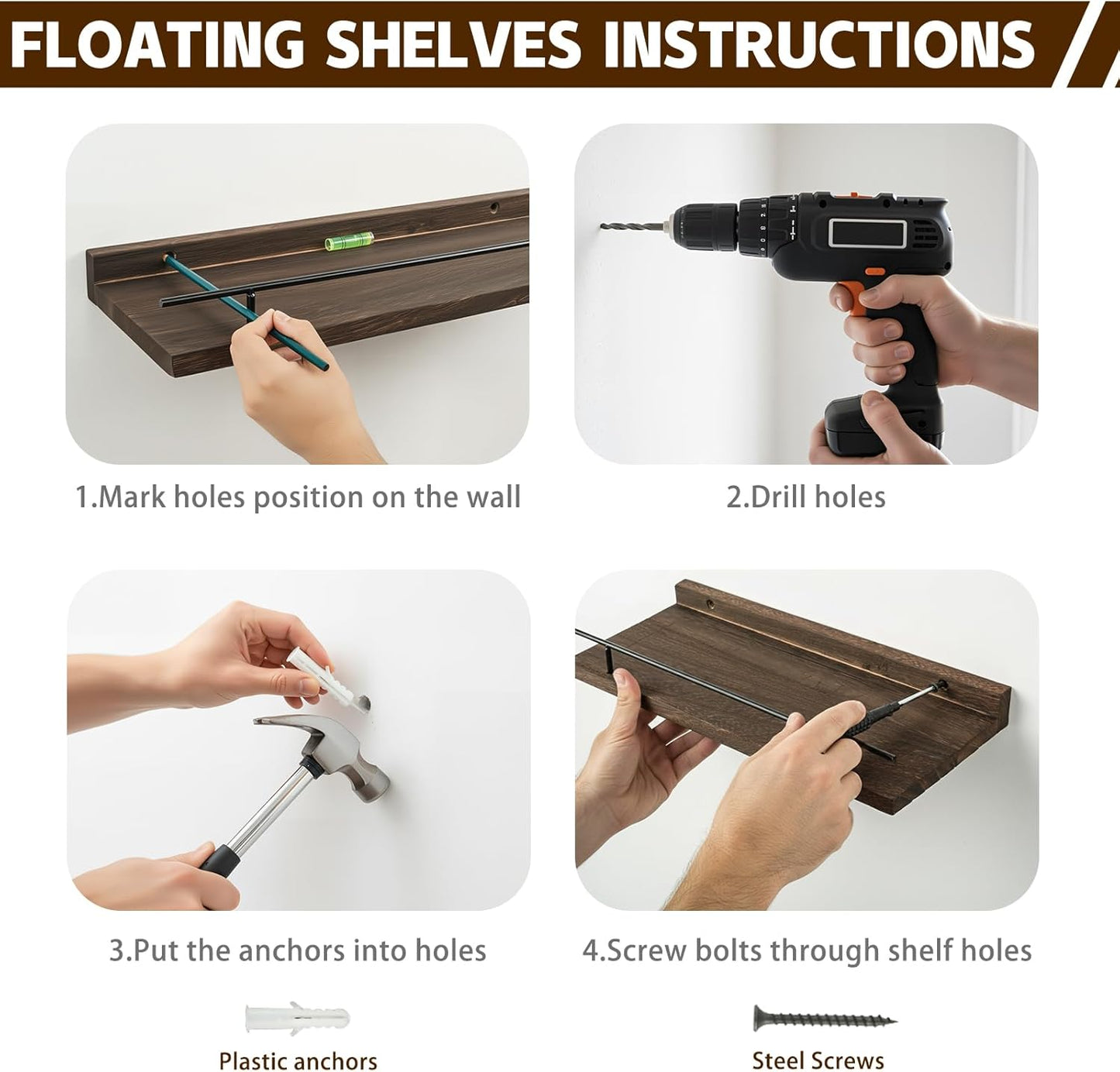 Floating Shelves Set of 3, 15.74 inches Rustic Wood Wall Shelves for Bathroom，Bedroom, Living Room, Kitchen & Book, Hanging Display Decor Organization Shelf with 22 lbs Capacity