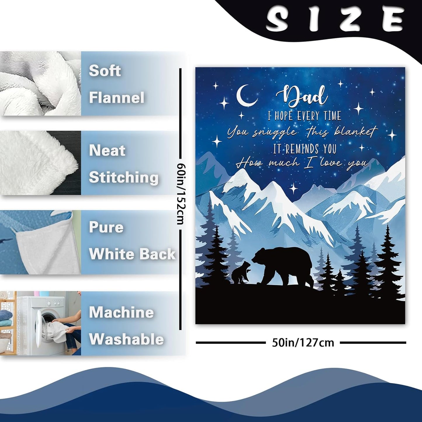 Gift for Dad from Daughter Son Flannel Throw Blanket, for Daddy, Birthday Ideas, Bear Dad Present for Men, Mountain Forest Soft Bedding Sofa Blankets 50 x 60 in