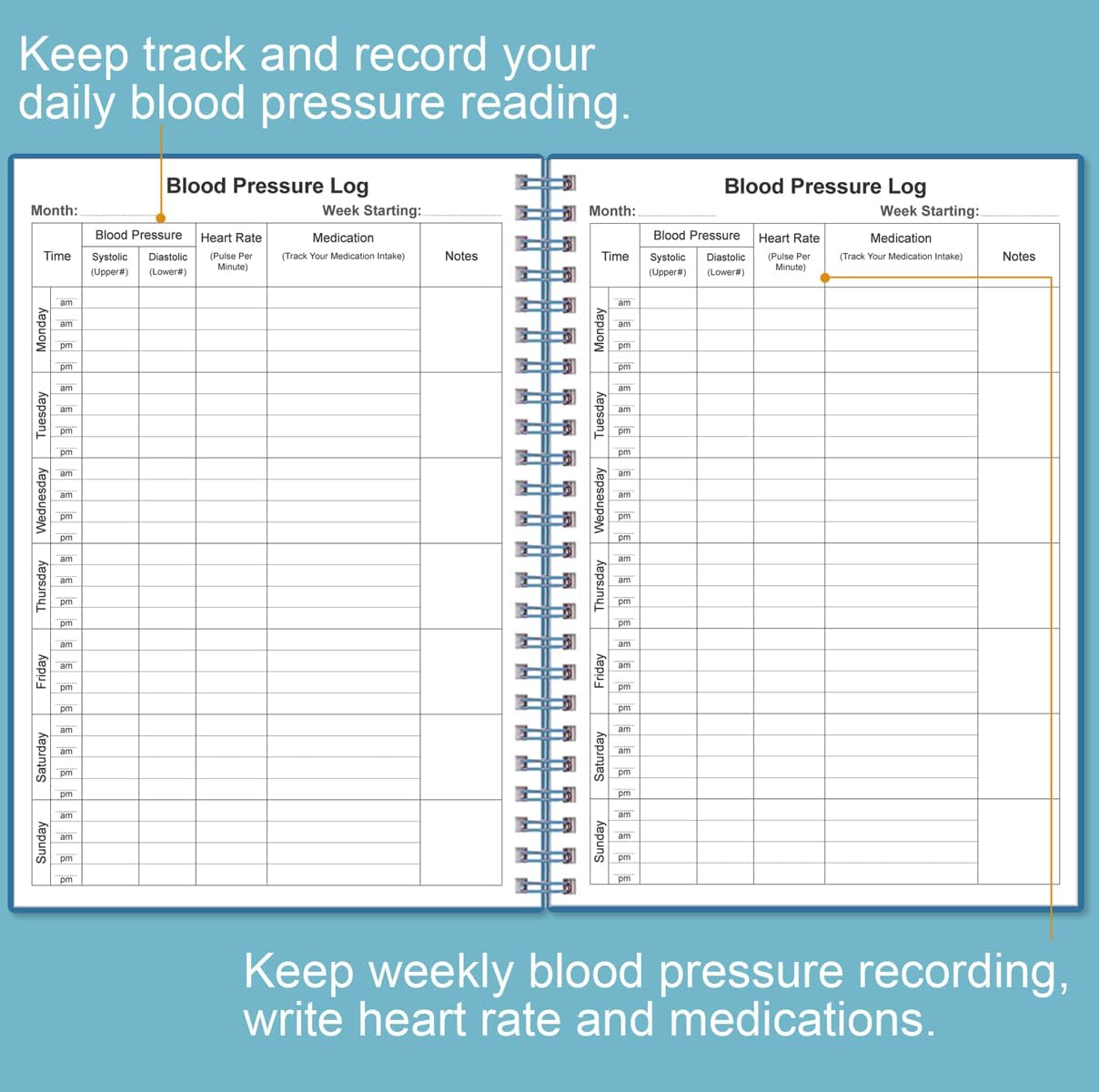 Blood Pressure Log Book - Record & Monitor Your Daily Blood Pressure, Heart Rate Readings at Home, 5.8" x 8.5", Blue