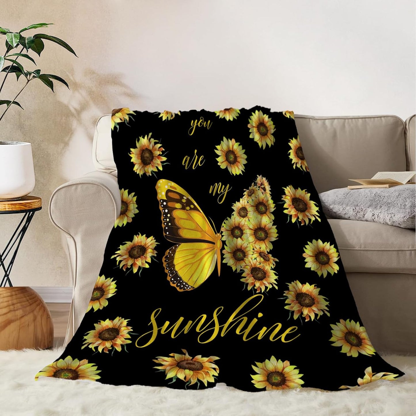 YeeJu Sunflower Large Throw Blanket Yellow Floral Butterfly Throw Blanket for Couch Sofa Bed Soft Cozy Fuzzy Plush Fleece Blankets Black Spring Summer Flower Gift for Women Blanket 50x70