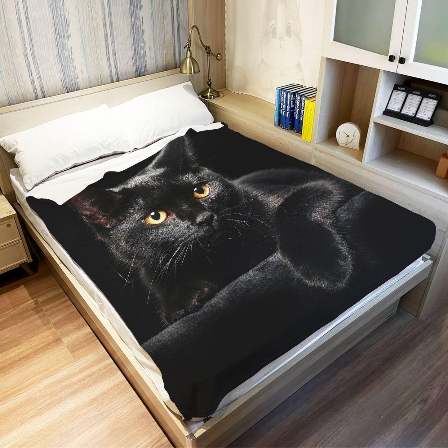 Black Cat Throw Blanket Modern Black Decorative Big Eyes Black Cat Fleece Blanket Soft Warm Cozy for Kids Adult Gifts 50"x60"