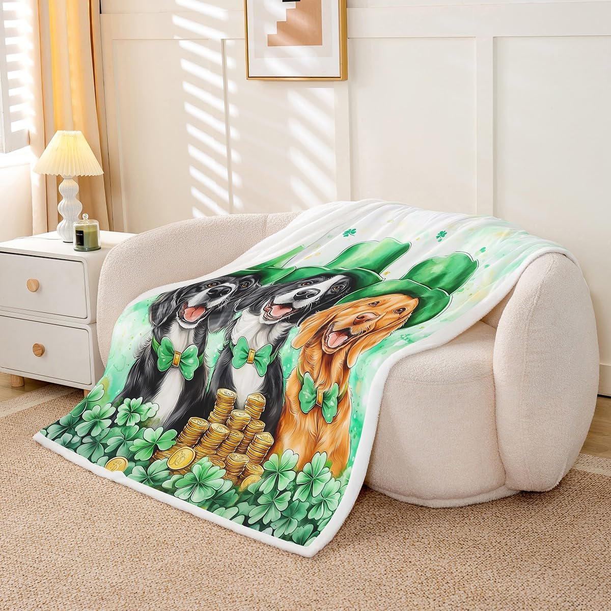 Cute Dogs Throw Blanket Throw 50x60 Happy St.Patrick's Day Irish Style Fuzzy Blanket for Kids Teens Adults Green Lucky Clover Hat Gold Coins Fleece Blanket for Chairs Party