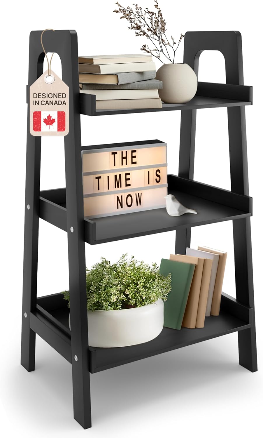 Ibyx 3 Tier Open Bookshelf - Elegant Bookcase Storage Organizer - Multi-Purpose Bamboo Display Shelf for Home, Office, Bedroom & Living Room (Black, Bamboo)
