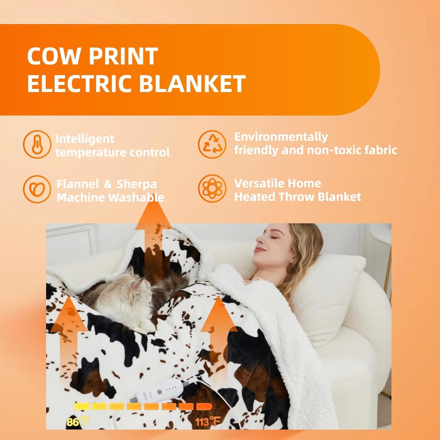 Heated Electric Blanket Shawl Cow Print Wearable Heated Blanket with Hood & Pocket, Winter Gifts for Adults, Soft Heating Blanket Throw with 4 Heat Levels & Auto Shut-Off, Cow Print, 50" x 64"