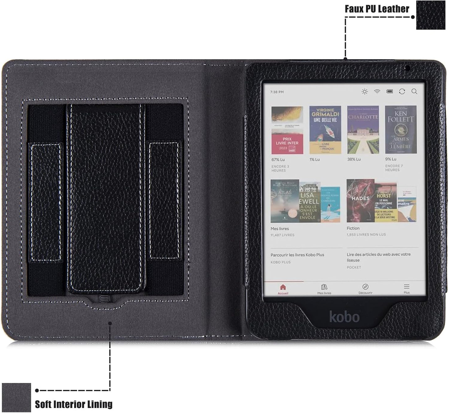 Stand Case for 6" Kobo Clara Colour (Model N367) / Clara BW (Model N365) / Clara 2E eReader - PU Leather Book Folio Sleeve Cover with Two Hand Straps and Auto Sleep/Wake (Classic Black)