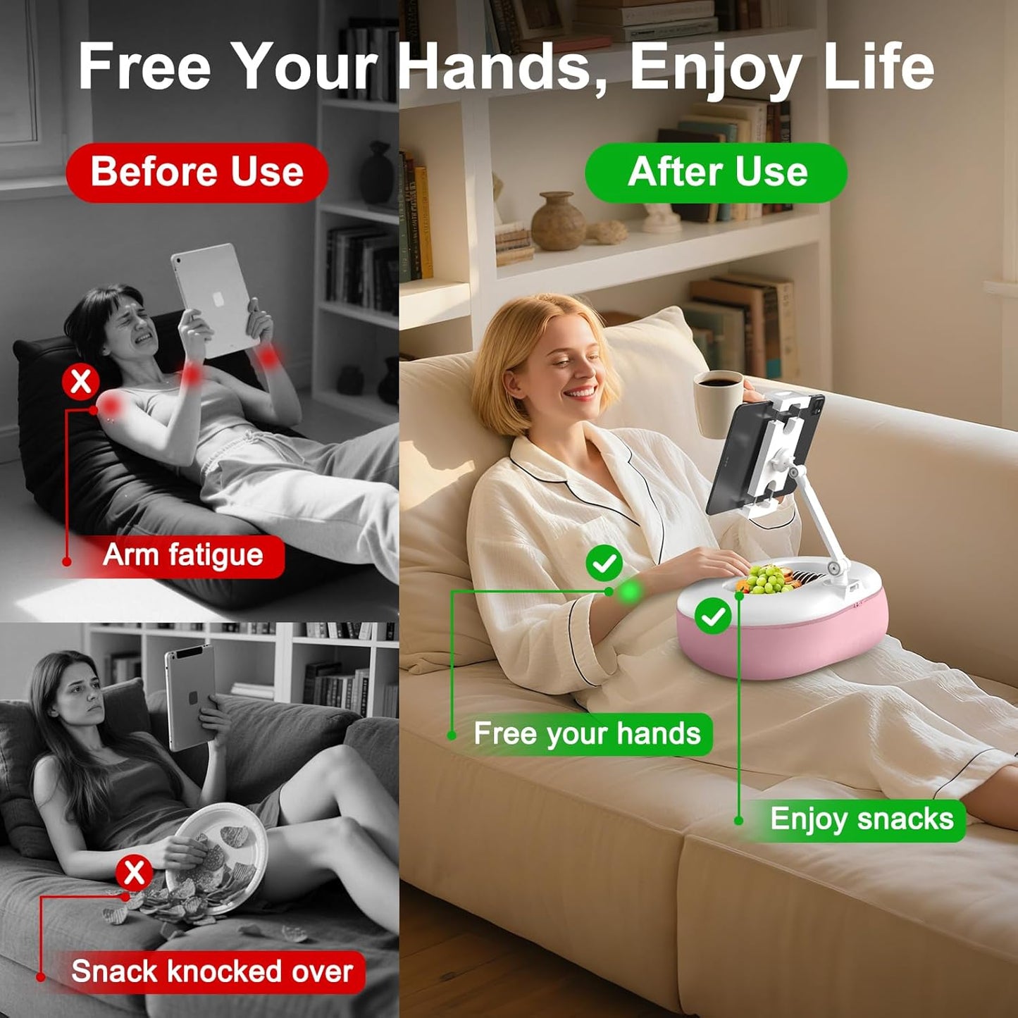 Beanbag Tablet Stand Raises Screen Height, Hands Free Reading Holder, Featuring Snack Bowl and Detachable Base for Cozy Reading in Bed or Couch, Compatible for Kindle, iPad, eBook,Pink