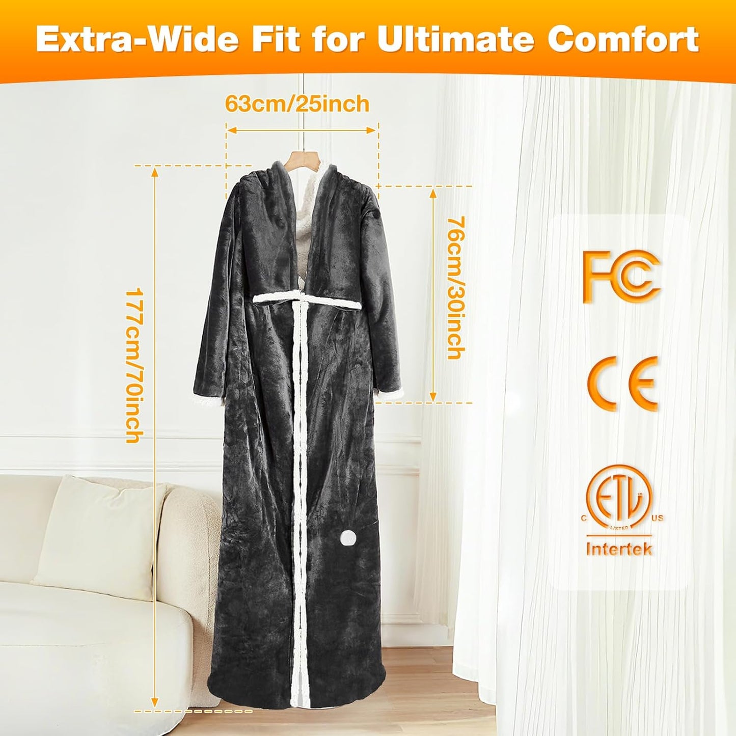 Wearable Heated Blanket with with Foot Pocket, Electric Blanket Wearable with Sleeves, Electric Throw Wrap Poncho Shawl, 8 Heating Levels & 12 Hours Time Settings, Machine Washable, 50 x 70 Inch