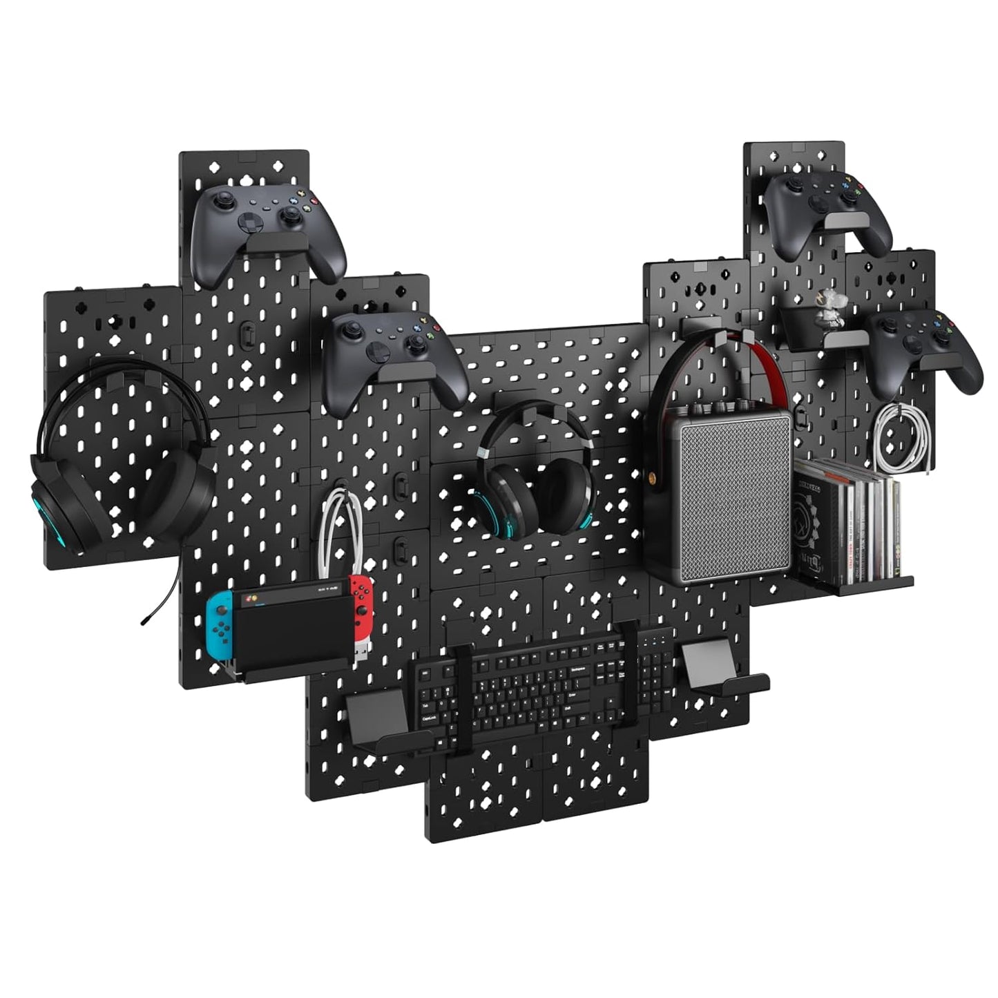 PEGZONE Controller and Headphone Holder Wall Mount, Modular Gaming Pegboard with Accessories, Controller Stand for Xbox PS5 PS4 Switch, Video Game Storage, Disc Shelf Organizer, 14pcs Pegboard, Black