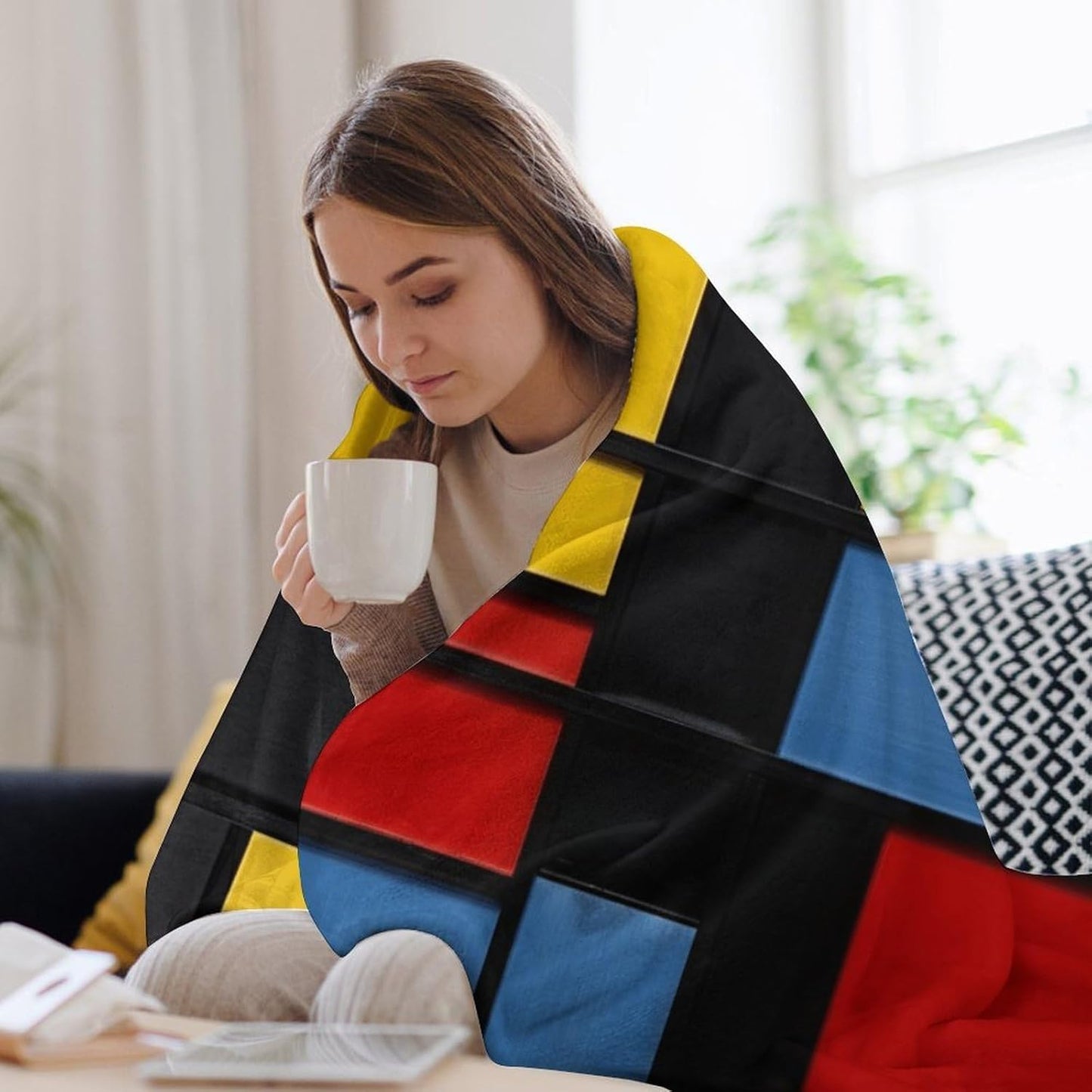 Composition in Red Yellow Blue And Black Throw Blanket for Couch Super Soft Warm Lightweight Throw Blankets Cozy Flannel Bed Blanket Cute Decorative Blankets for All Seasons Home Decor Gift 30"*40"（76