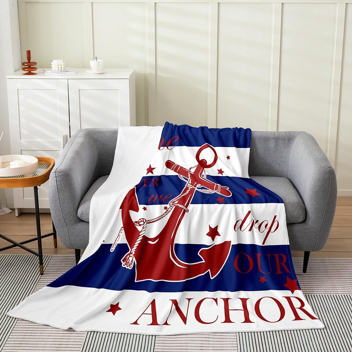 Navy Blue White Blanket Throw Size, Red Nautical Anchor Bed Blanket, Geometric Striped Stars Fleece Blanket, Coastal Ocean Adventure Theme Sherpa Blanket, Vintage Style Flannel Blanket Room Decor