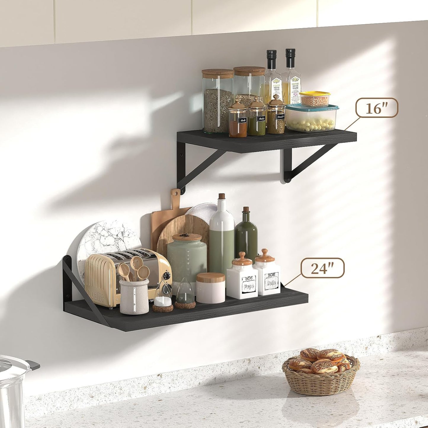 SAUMONIERES Floating Shelves Bookshelf for Bedroom Bathroom Living Room Wood Wall Mounted Wide Deep Storage, Black Painted Set of 2