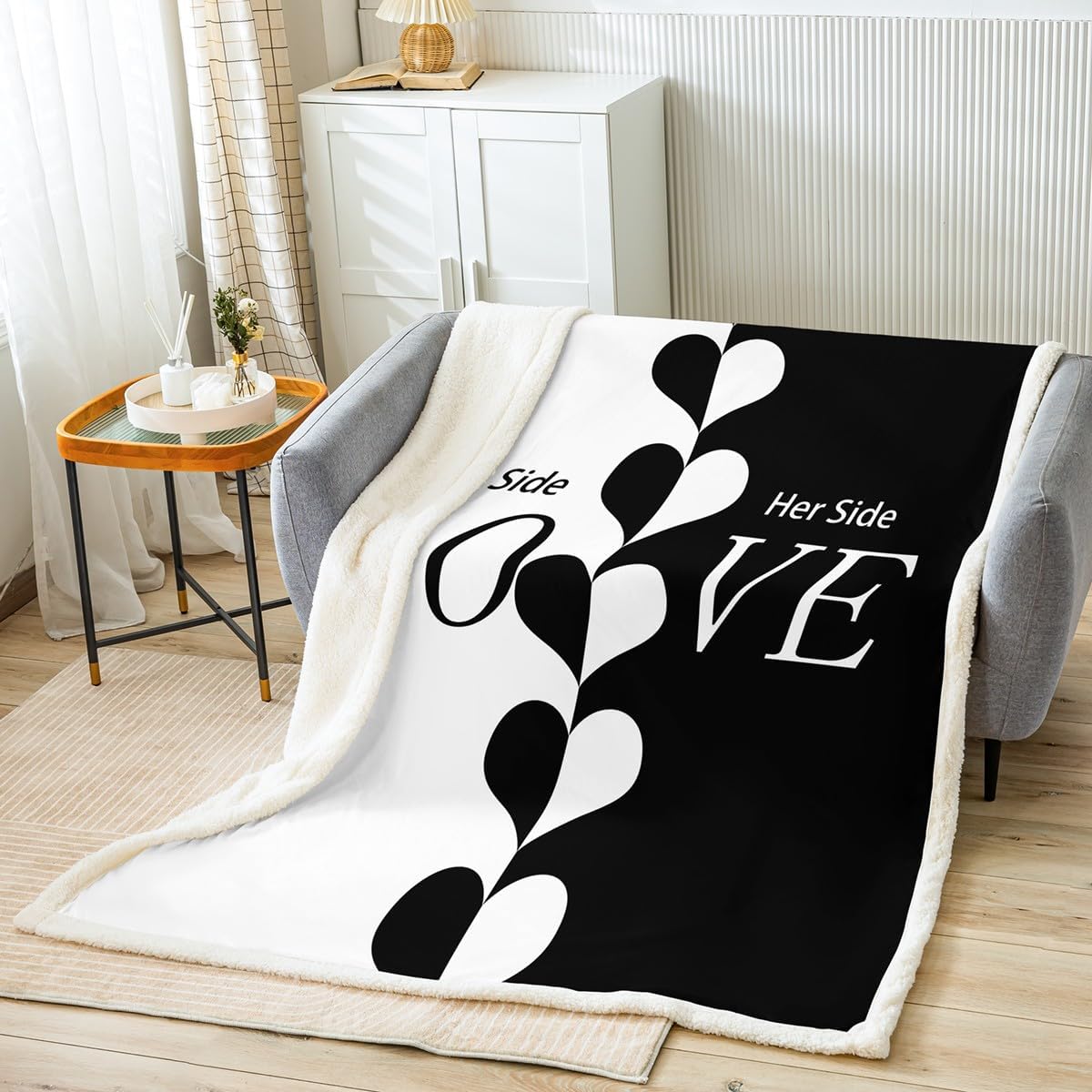 Couple Fleece Blanket, His Side Her Side Throw Blanket Love Romantic Plush Bed Blanket For Teens Adult Women Youth, Black White All Season Flannel Fuzzy Blanket Decorative Sofa Couch, Throw Size