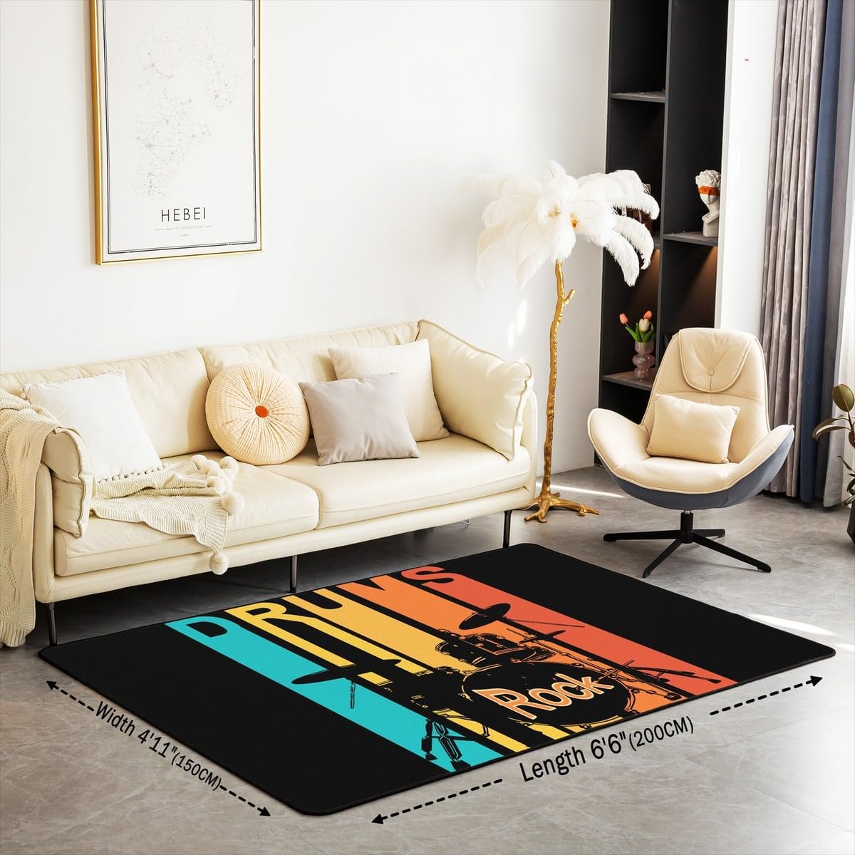 Erosebridal Drum Kit Living Room Rugs 5x7,Rainbow Drums Area Rug for Kids Child Boys Girls,Hippie Rock Music Carpet Non Slip,Grunge Musical Instrument Indoor Floor Mat