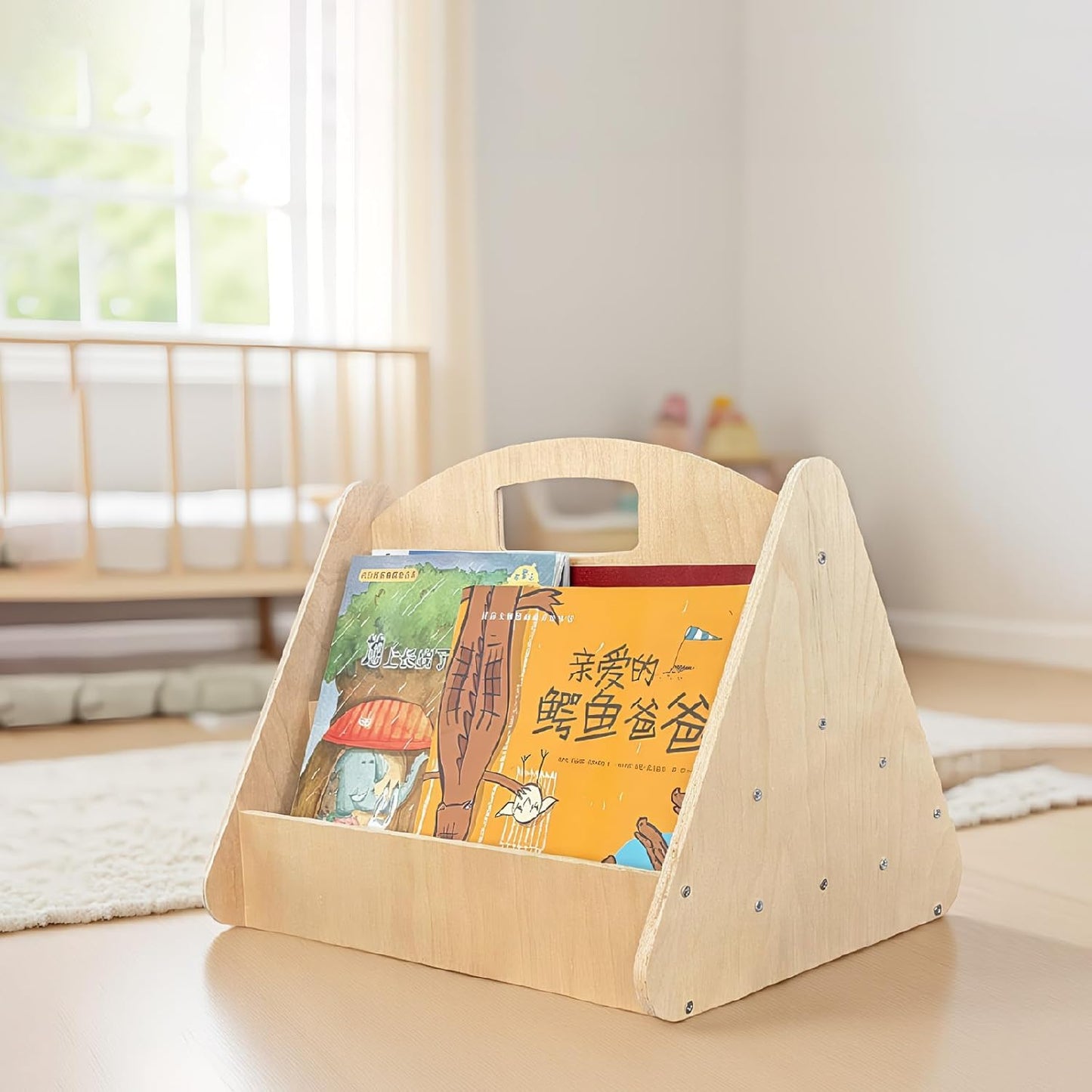HANVOWS Wooden Bookshelf with Handle for Kids Rooms Double-Sided with 4 Tier Deep Easy Install Montessori Book Shelf for Baby's Bedroom or Playroom Decor
