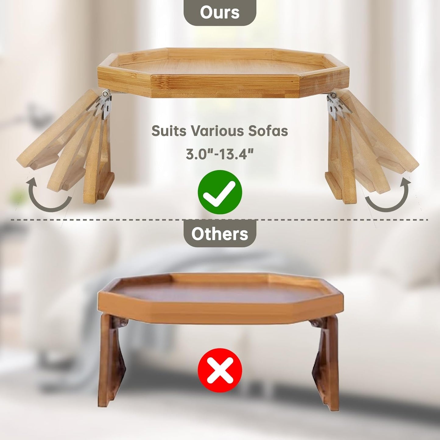 Couch Arm Tray, Bamboo Sofa Tray Table Clip on Side Table, Foldable Couch Arm Table for Eating, Drinks, Snacks, Remote, Control as Housewarmings, Wedding, Bridal Shower Gifts