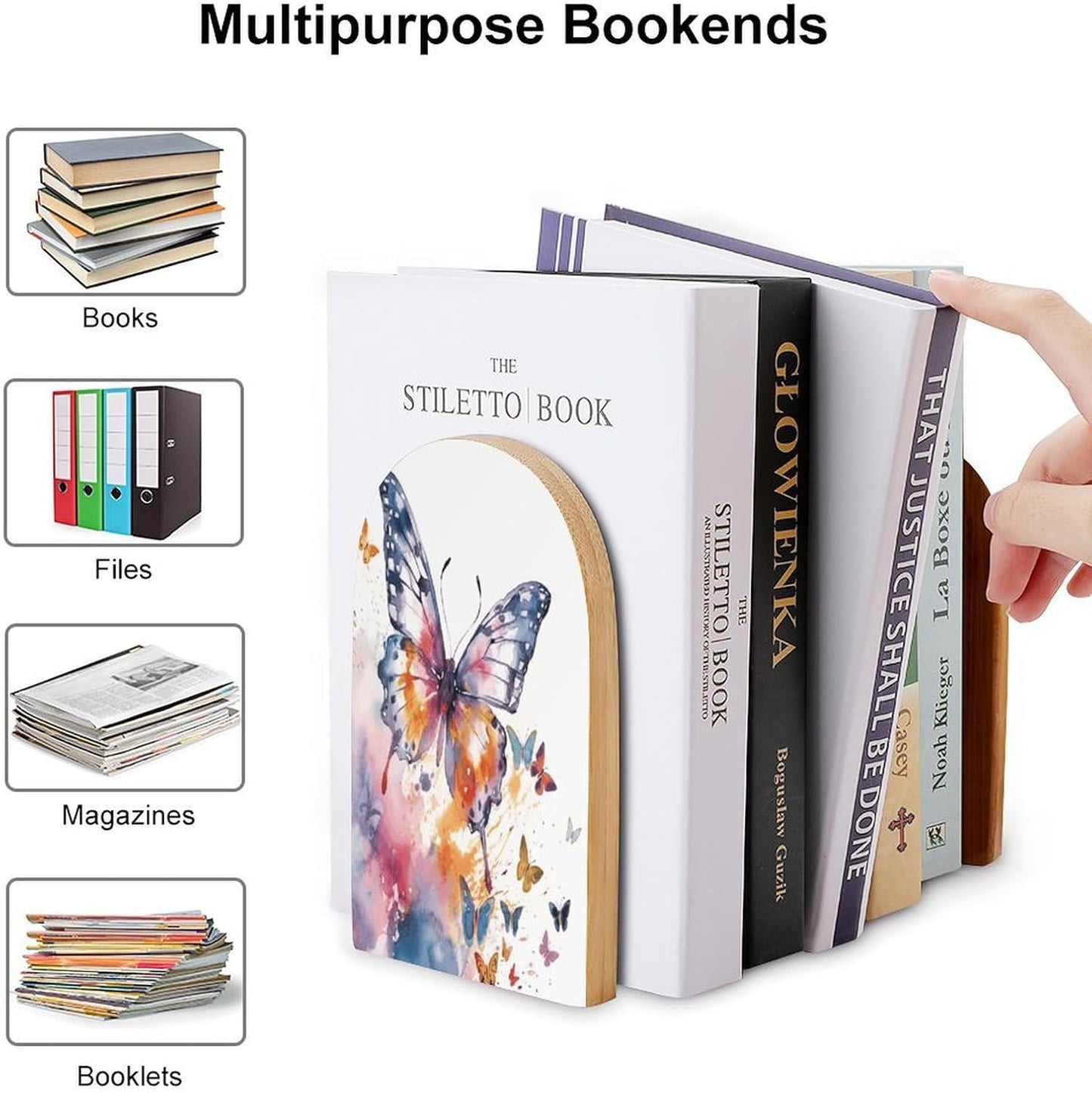 Watercolor Butterfly Bookend for Shelves Wooden Book End Large Size Sturdy Book Holders Stoppers with Metal Base for Bookshelves Slick Decorative Bookends Stands