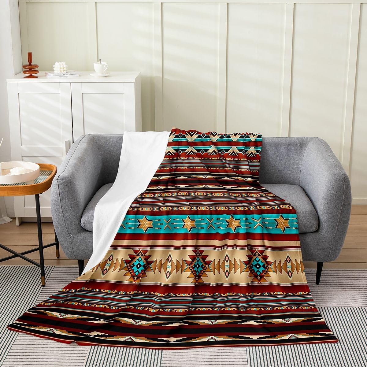 Aztec Throw Blanket Queen Size, Ethnic Tribal Arrow Flannel Fleece Blanket for Sofa Bed Couch, Southwestern Native Bohemian Sherpa Blanket, Western Star Fuzzy Blanket Geometric Bedroom Decor