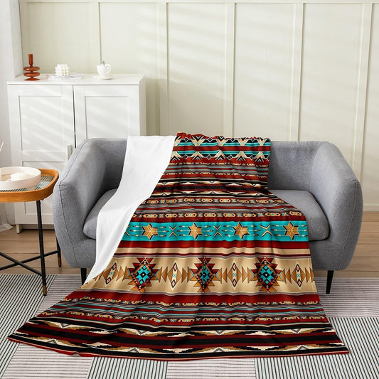 Aztec Throw Blanket Queen Size, Ethnic Tribal Arrow Flannel Fleece Blanket for Sofa Bed Couch, Southwestern Native Bohemian Sherpa Blanket, Western Star Fuzzy Blanket Geometric Bedroom Decor