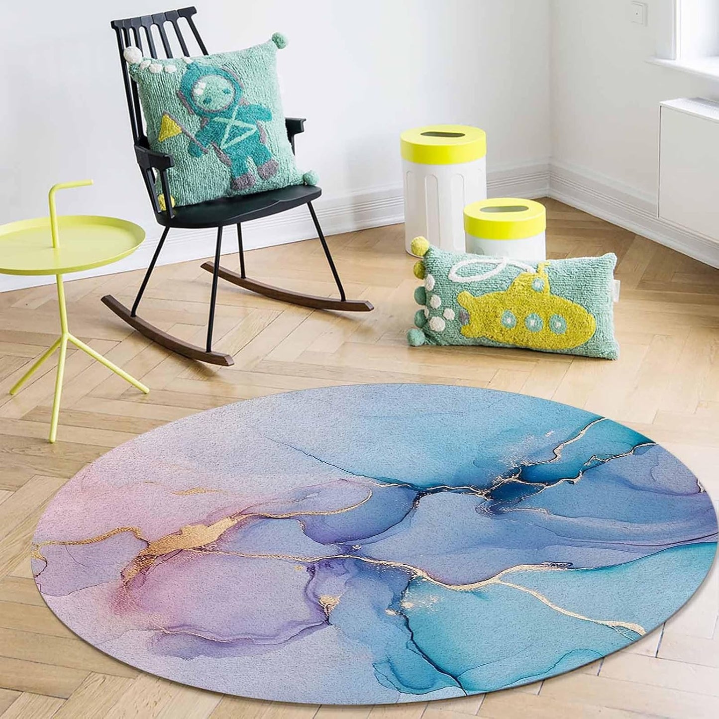 Marble Texture Round Rug 3ft Pink Turquoise Abstract Art Throw Soft Area Rug Low Pile Non Slip Rug Carpet Washable Floor Mat for Living Room, Bedroom, Farmhouse, Office