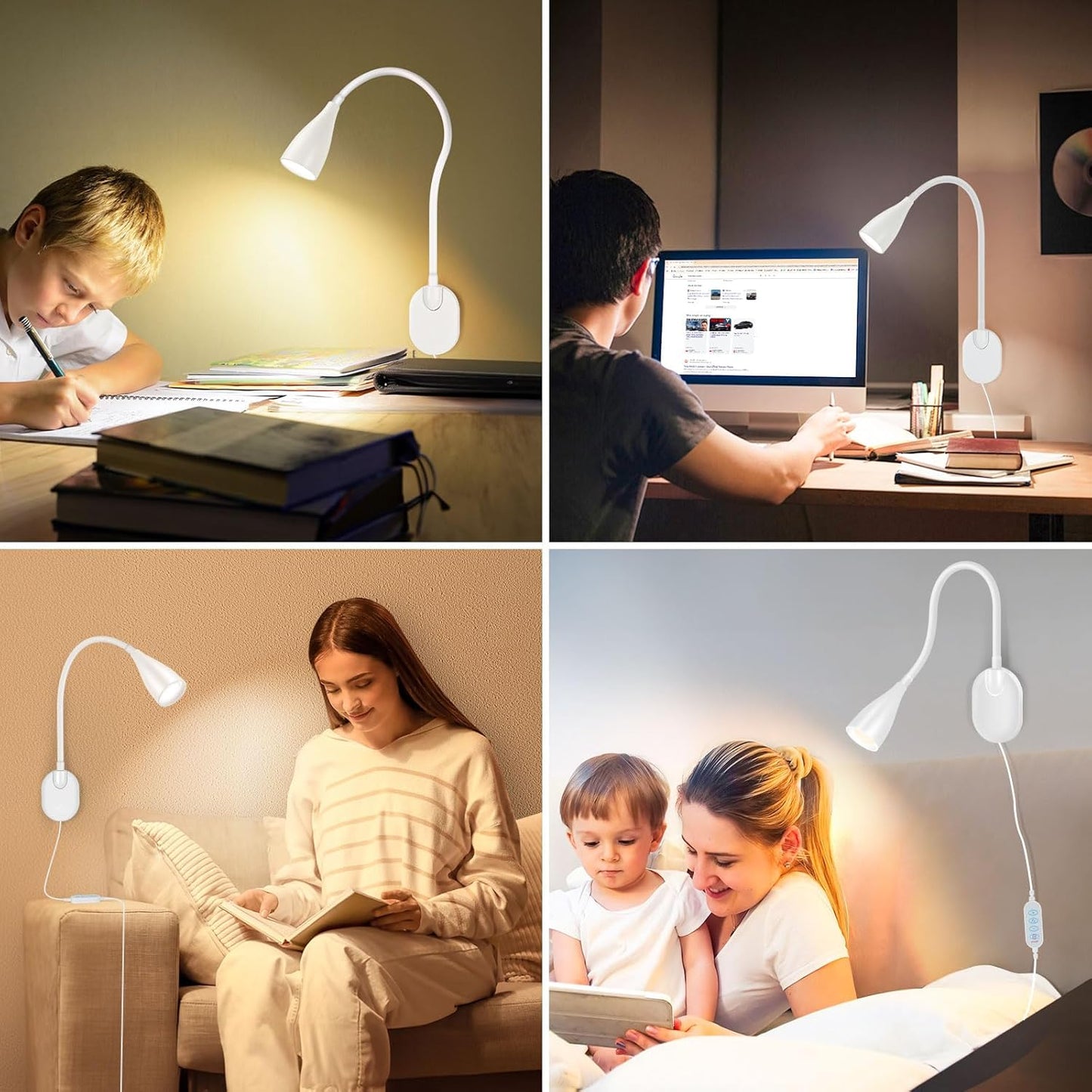 Wall-Mounted LED Bedside Reading Light with USB Charging Port, 10-Level Dimmable & Adjustable 5 Color, Plug-in Adhesive Night Lamp for Books in Bed, Eye-Caring Bedroom Lighting (White 2 Pack)
