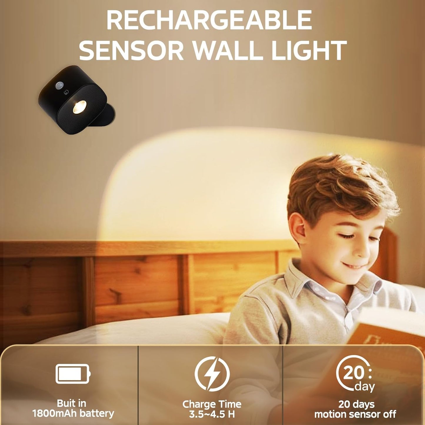 Midea Motion Sensor Wall Mounted Light Indoor,Wireless Dimmiable Wall Sconce with Rechargeable Battery Operated for Reading Room/Hallway/Stairway/Bedroom Besides