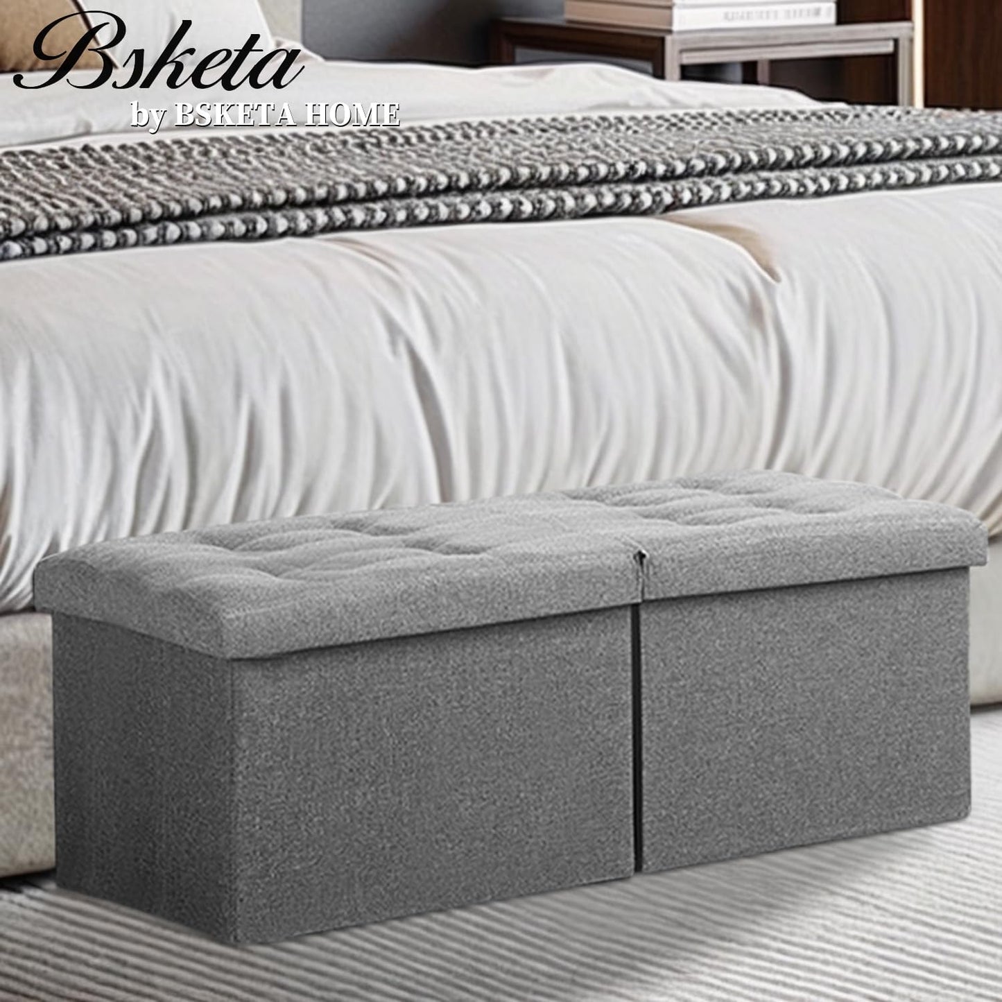 Storage Ottoman Bench with Folding Lid Ⅲ, Foot Stools Opens on Both Ends, Footrest Foldable Linen Chest for Living Room, Bedroom, Entryway, End of Bed Storage Blanket Ottomans Dark Gray