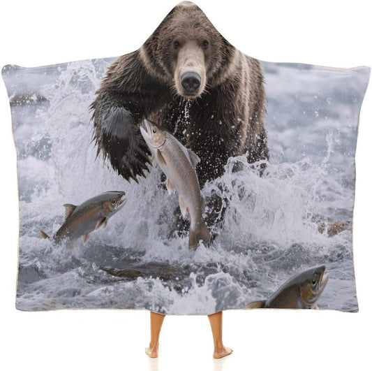 Bear Catching Fish Wearable Hoodie Blanket for Women Men Fleece Blanket with Hood Oversized Warm Cozy Gifts