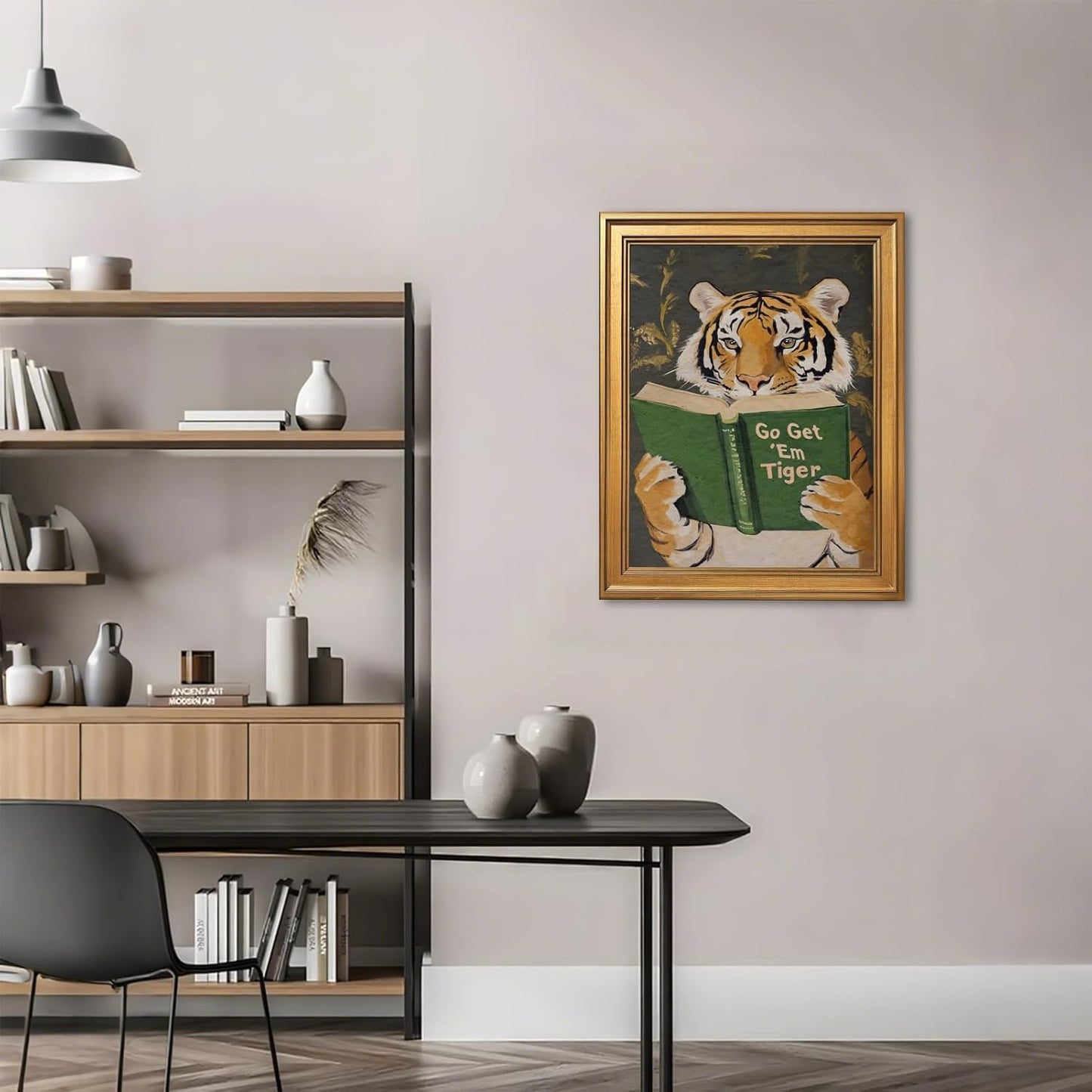 Large Gold Framed Reading Tiger Canvas Wall Art Go Get Em Wild Animal Painting Poser Prints Funny Booklish Jungle Inspired Surreal Picture Humor Big Cat Artwork for Rustic Room Decor 24x36inch