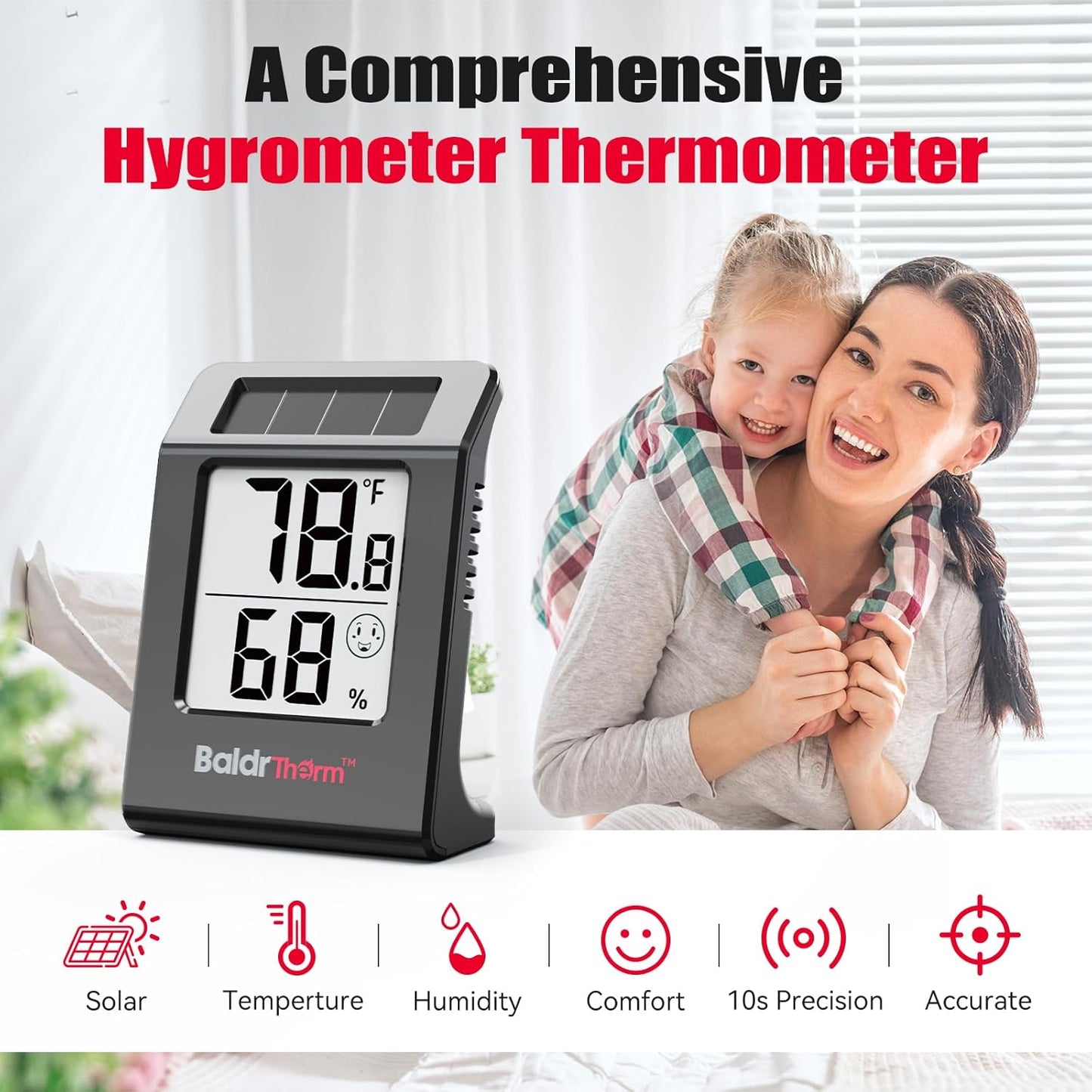 BaldrTherm Humidity Thermometer Meters, Solar-Powered Indoor Temperature Sensor Humidity Monitor, Humidity Gauge for Baby Rooms, Bedrooms, Home, Office, and Wine Cellars, 2Pack,Black