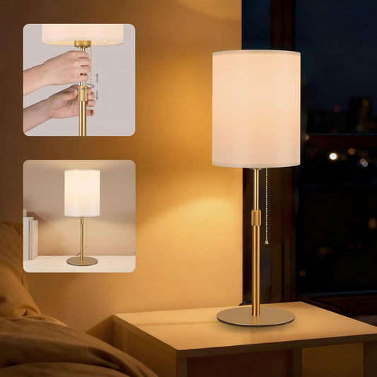 Tubicen Gold Table Lamp Plug in with Pull Chain 23.6" H Tall Thin Bedside Lamps with Small Fabric Shade Base Dimmable Modern Adjustable Height Table Lamps for Living Room Bedroom Office