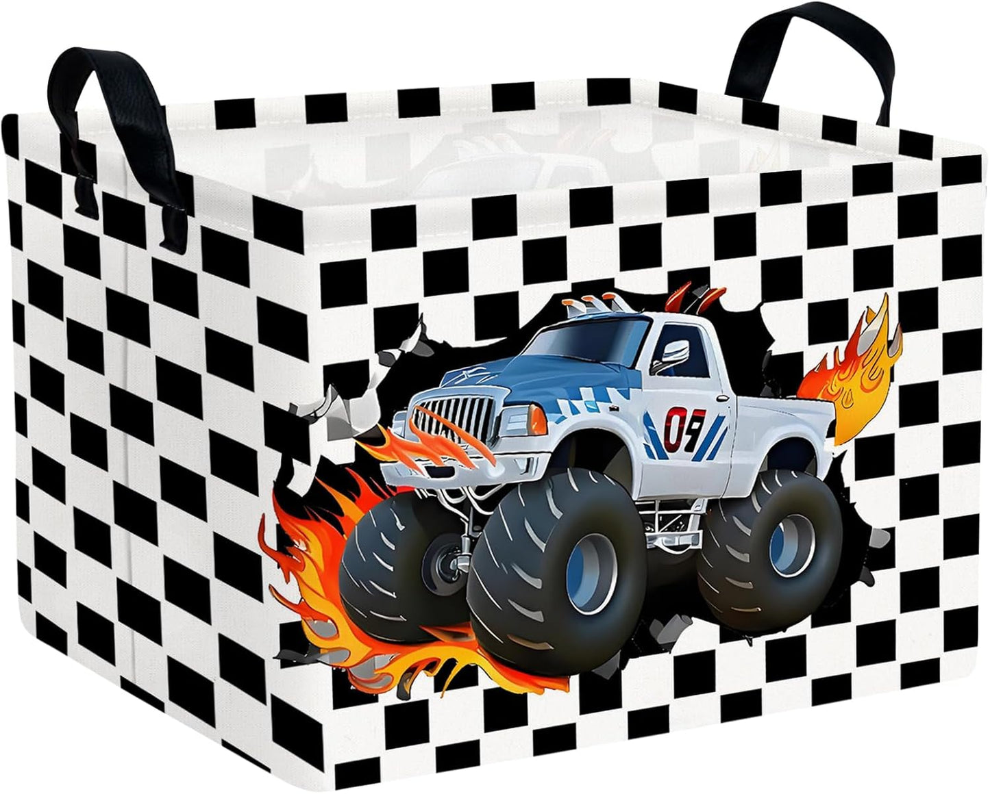 Racing Car Storage Basket Monster Truck Toy Book Shelf Basket Kid Room Decor Gift (Black and White Checkered)