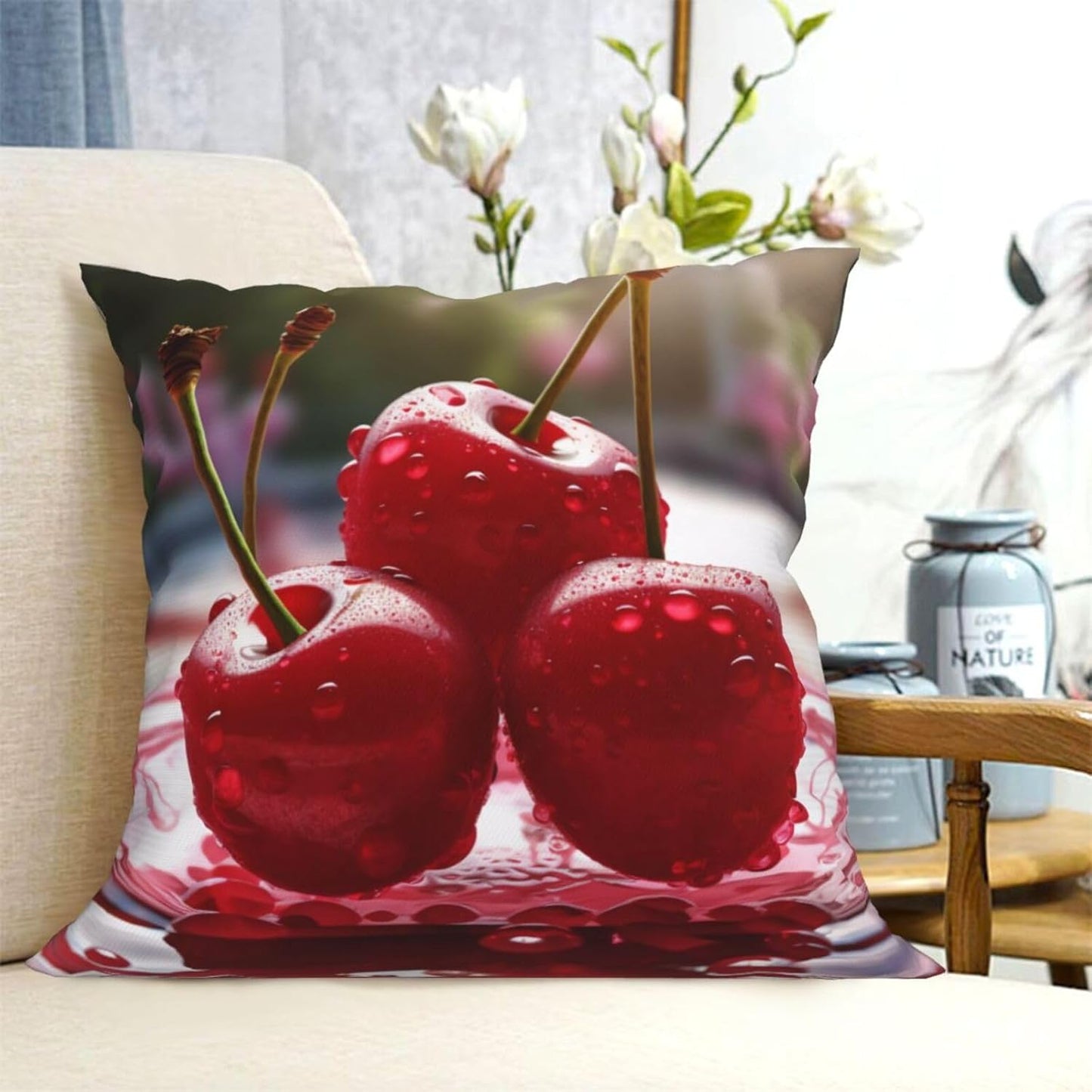 All-Season Square Pillow Covers 18"X18", Red Cherries, Decorative Throw Pillow Covers for Sofa Bed Couch, Hidden Zipper Cushion Cover, Square Lumbar & Accent Pillowcases for Home Decor