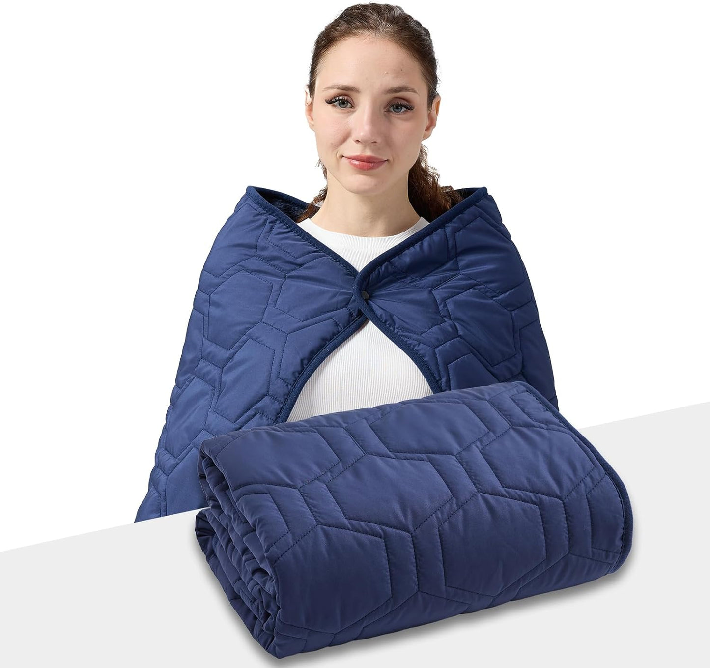Quilted Fleece Wearable Blanket, Soft Warm Plush Throw for Office & Couch, Dual-Fabric Shawl with Snaps Navy Blue
