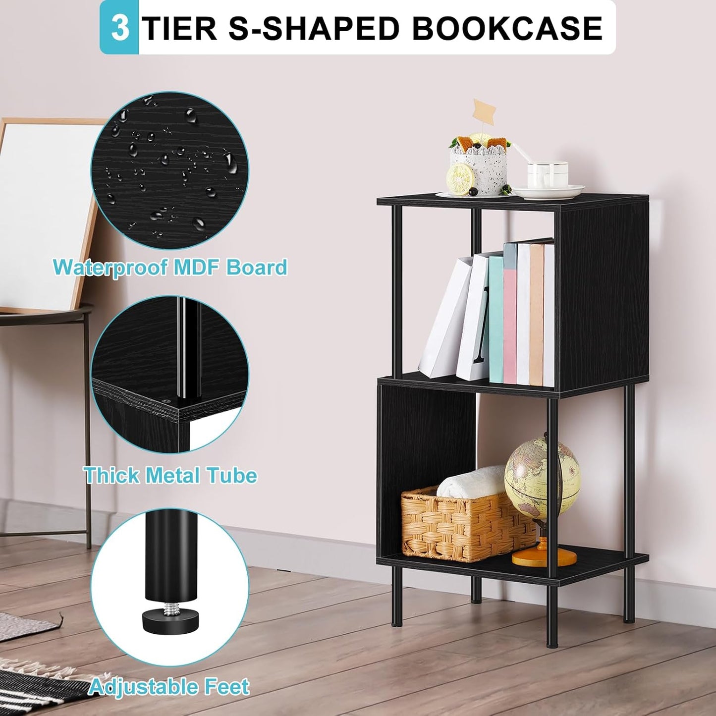 ETELI 3-Tier Side Table Small Tall S-Shaped End Table with Open Book Shelf Industrial Black S-Shaped Bookcase Bedside Table for Office Living Room Bedroom Home Corner