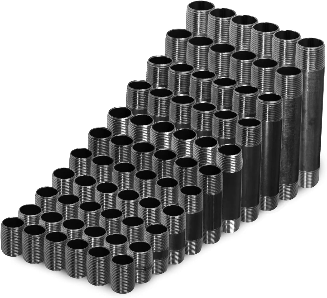 Supply Giant 1/2 Inch Black Pipe Assortment, Heavy-Duty Malleable Threaded Nipples, Steel Pipe Fittings Great For DIY Vintage Shelving Projects (Includes 6 of Each Size, 1-6 Inches 66 Pieces in Total)