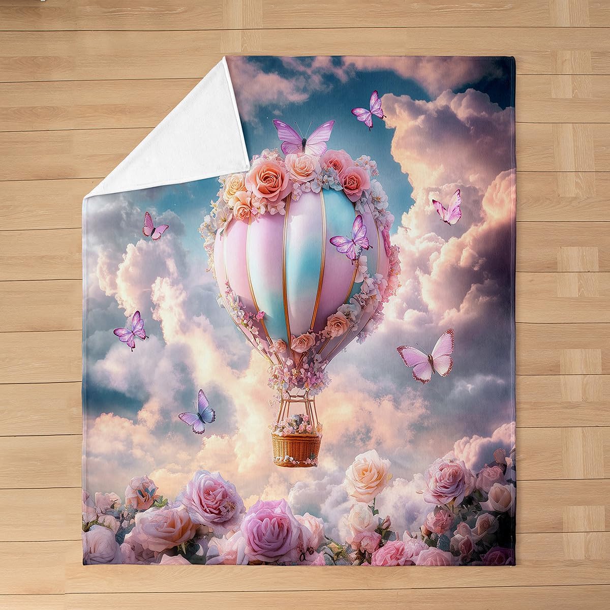 Castle Fairy Romantic Hot Air Balloon Throw Blanket Garden Pink Purple Rose Butterfly Decor Flannel Blanket for Kids Girls Teens Adults 3D Dreamy Sky Print Bed Blanket for Bed Sofa Throw 50x60